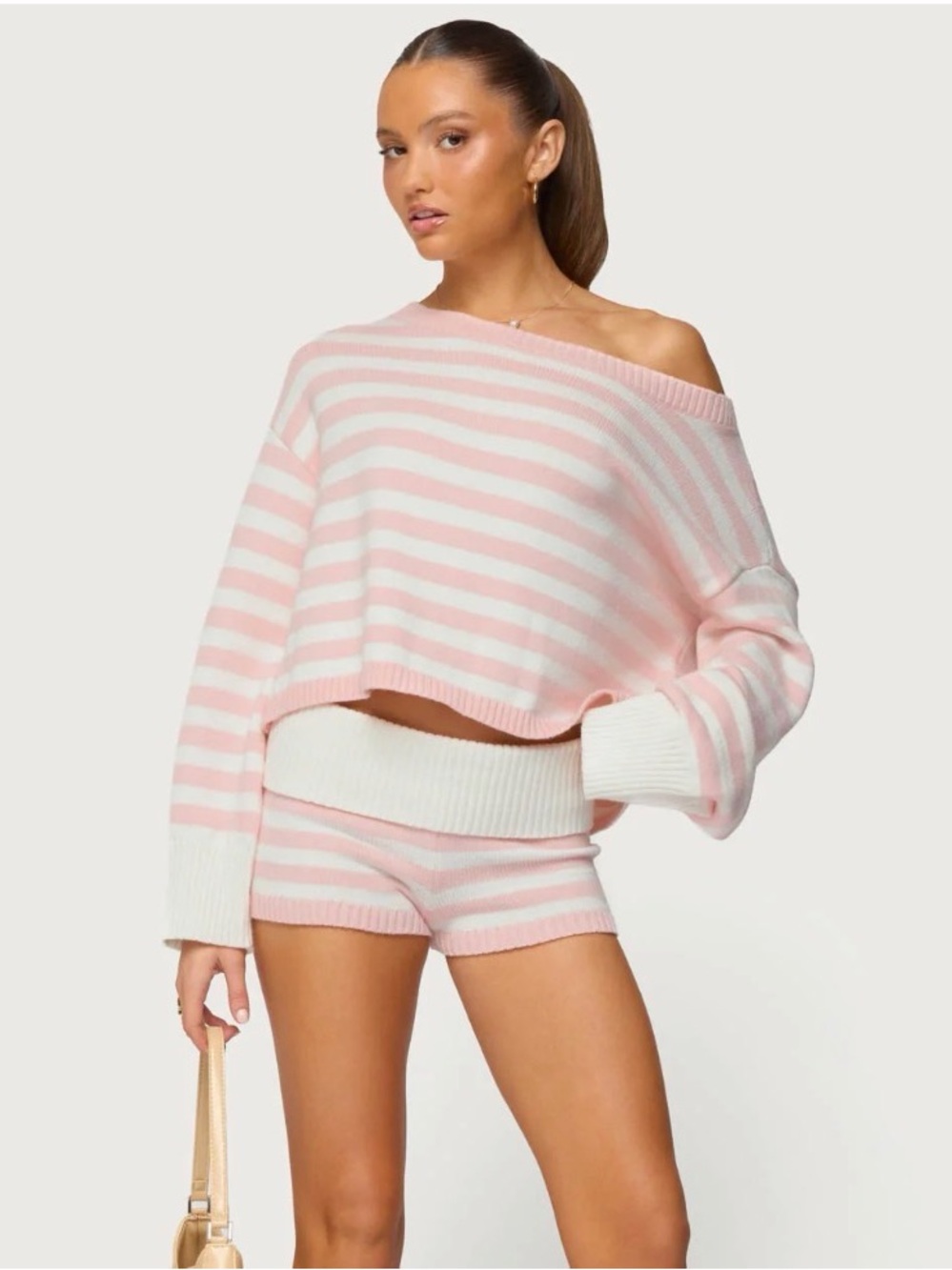 Striped Off-Shoulder Pink & White Knit Sweater